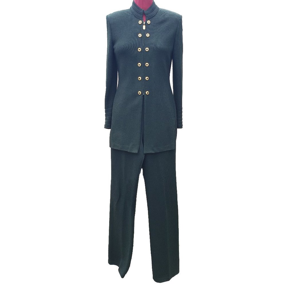 St. John Couture Jacket Pant Set 6 Forest Green Santana Knit Zip Front Hi Neck